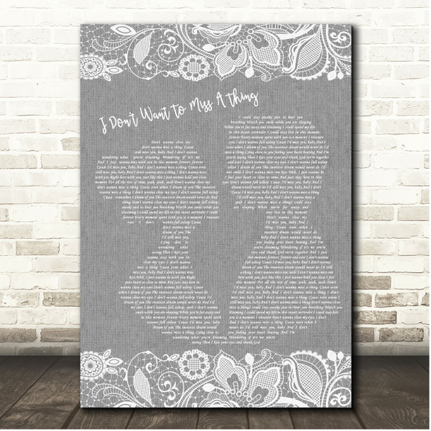 Aerosmith I Don't Want To Miss A Thing Grey Burlap & Lace Song Lyric Print