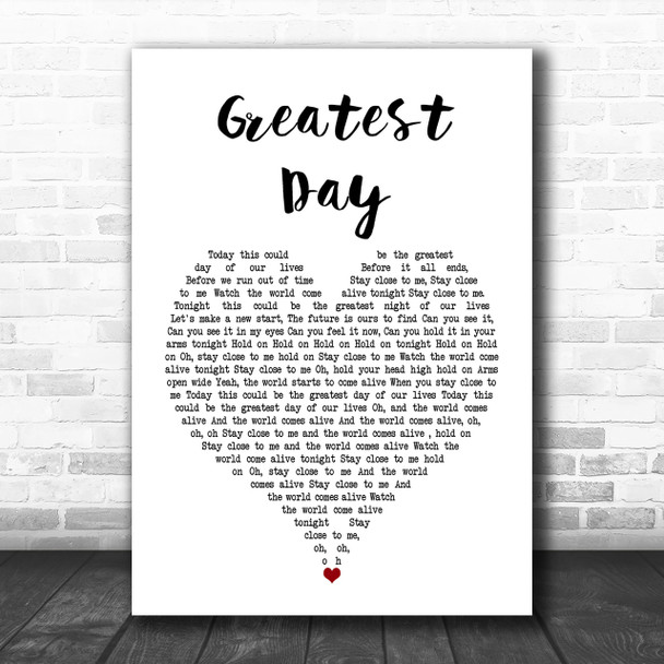 Take That Greatest Day White Heart Song Lyric Music Wall Art Print