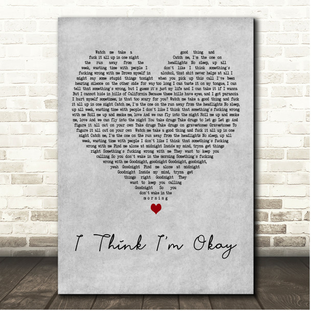 Machine Gun Kelly, YUNGBLUD & Travis Baker I Think I'm Okay Grey Heart Song Lyric Print