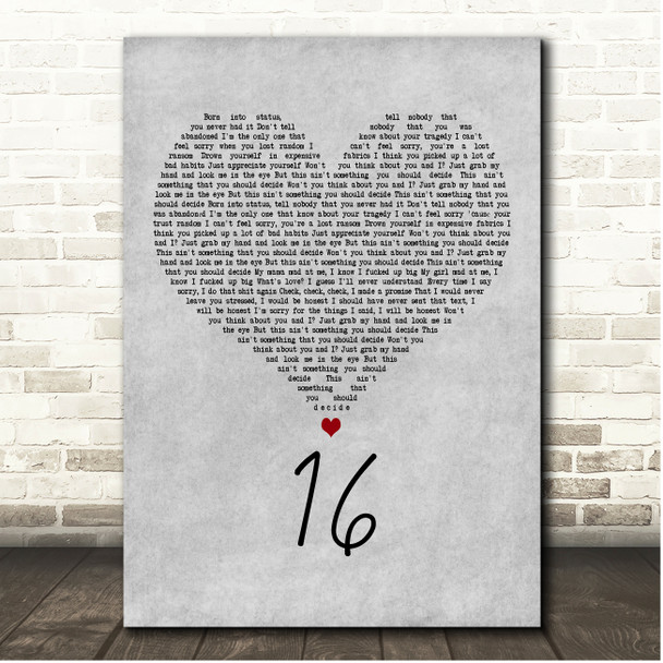 Baby Keem 16 Grey Heart Song Lyric Print