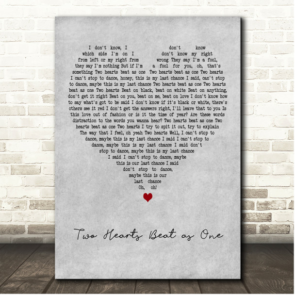 U2 Two Hearts Beat as One Grey Heart Song Lyric Print