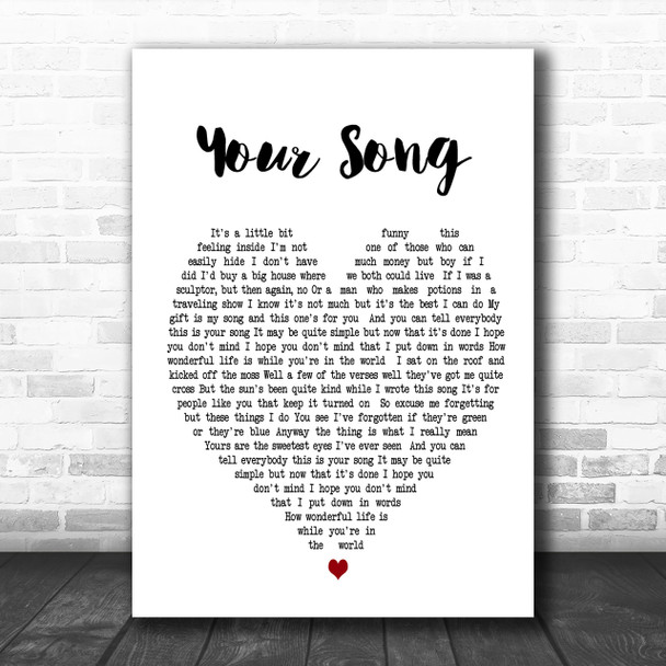 Your Song Elton John Heart Song Lyric Music Wall Art Print