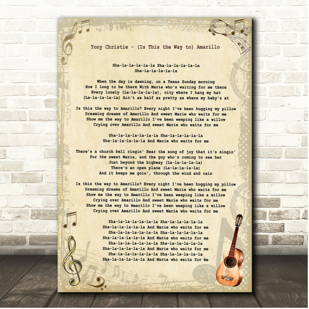 Tony Christie (Is This the Way to) Amarillo Vintage Guitar Song Lyric Print