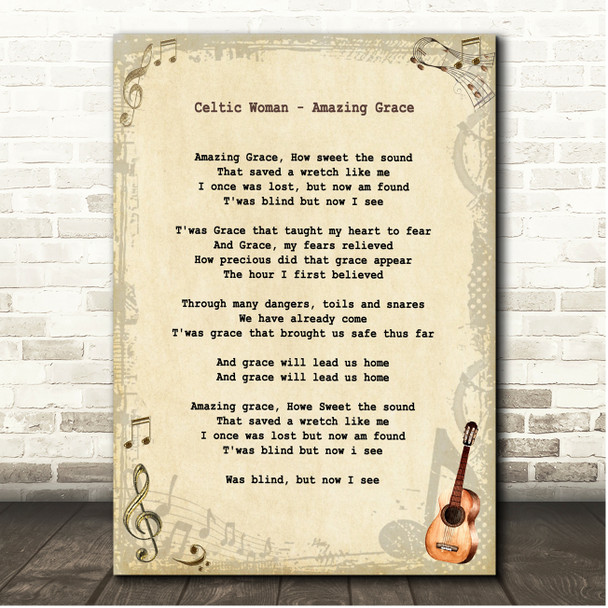 Celtic Woman Amazing Grace Vintage Guitar Song Lyric Print