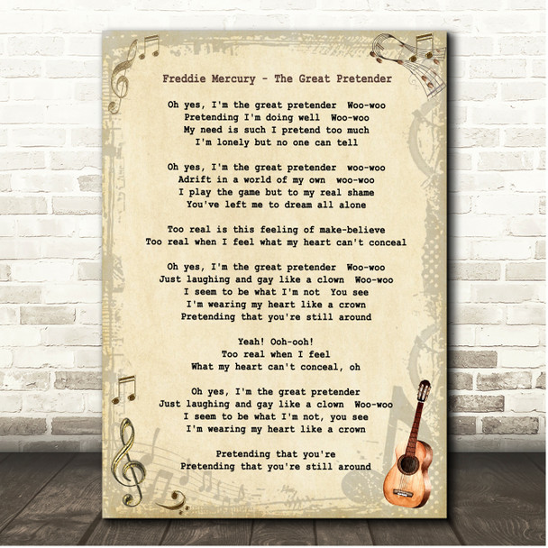 Freddie Mercury The Great Pretender Vintage Guitar Song Lyric Print