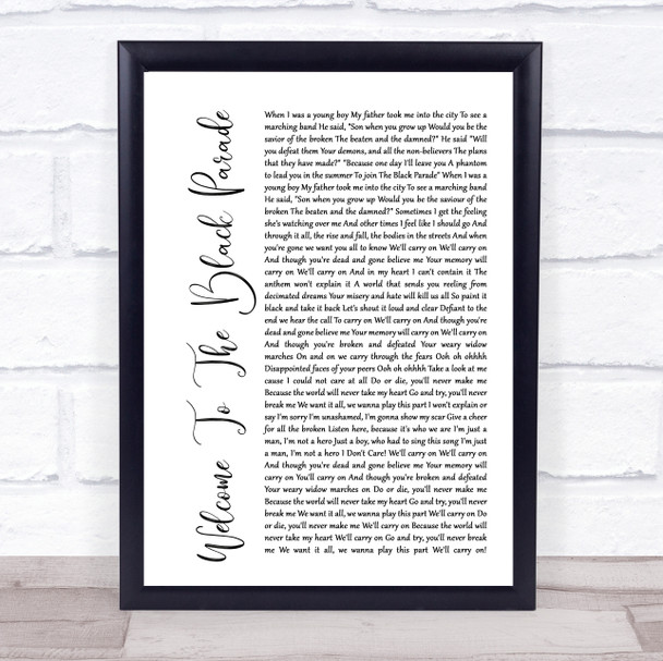 My Chemical Romance Welcome To The Black Parade White Script Song Lyric Music Wall Art Print