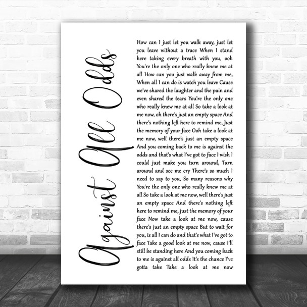 Phil Collins Against All Odds White Script Song Lyric Music Wall Art Print