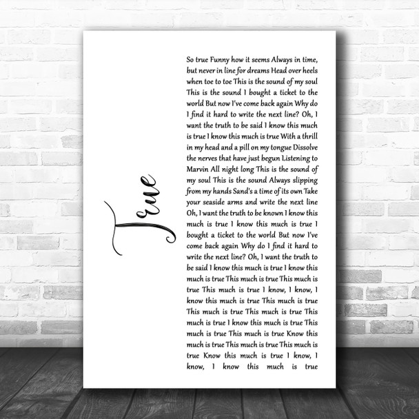 Spandau Ballet True White Script Song Lyric Music Wall Art Print