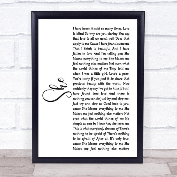 Jen foster She White Script Song Lyric Music Wall Art Print