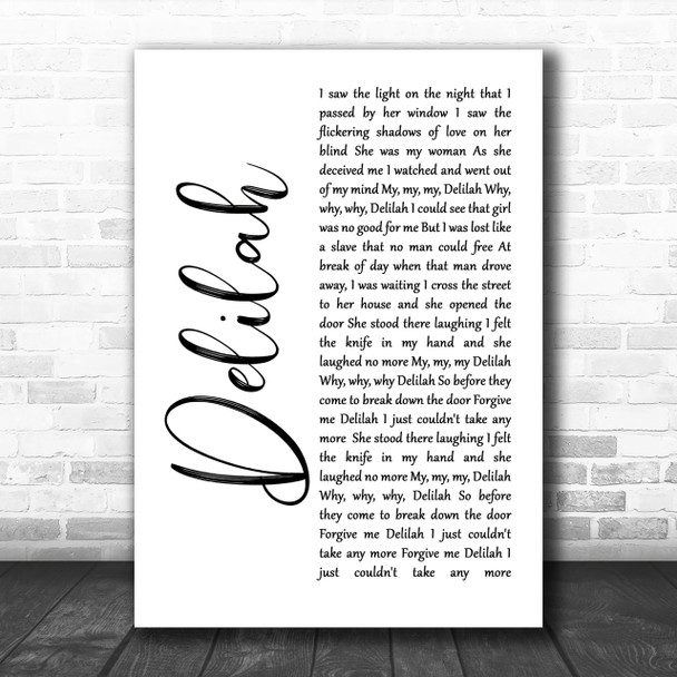 Tom Jones Delilah White Script Song Lyric Music Wall Art Print