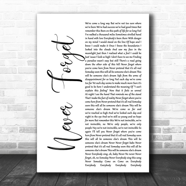 Take That Never Forget White Script Song Lyric Music Wall Art Print