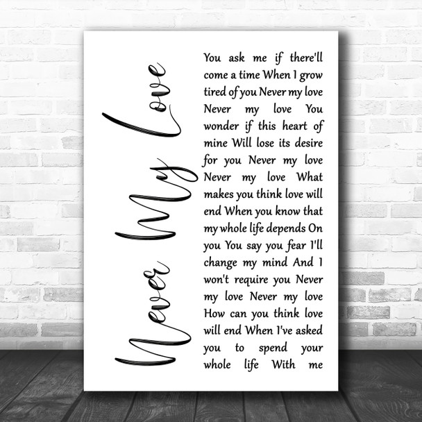 The Association Never My Love White Script Song Lyric Music Wall Art Print