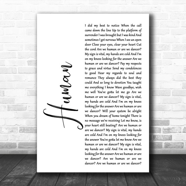 The Killers Human White Script Song Lyric Music Wall Art Print