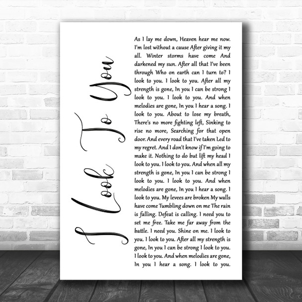 Whitney Houston I Look To You White Script Song Lyric Music Wall Art Print