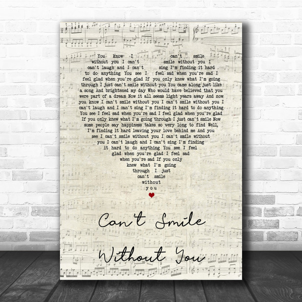 Barry Manilow Can't Smile Without You Script Heart Song Lyric Quote Print