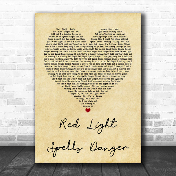Billy Ocean Red Light Spells Danger Vintage Heart Quote Song Lyric Print