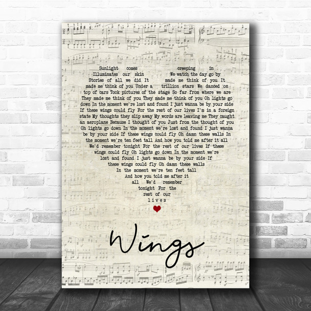 Birdy Wings Script Heart Song Lyric Quote Print