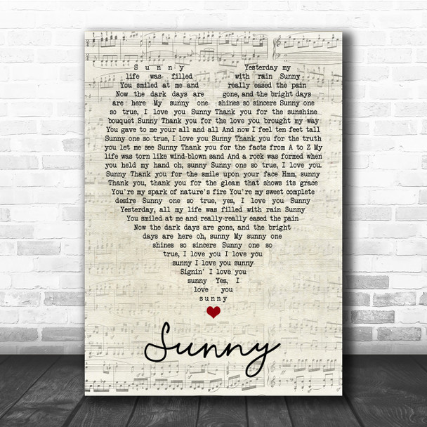 Bobby Hebb Sunny Script Heart Song Lyric Quote Print