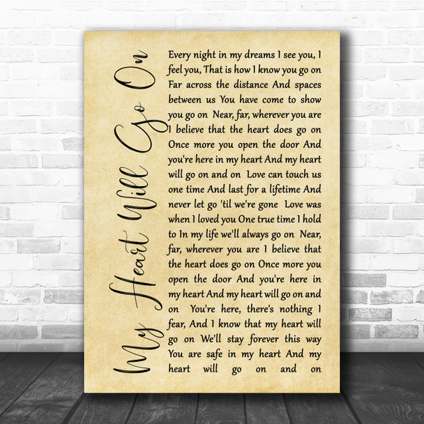 Celine Dion My Heart Will Go On Rustic Script Song Lyric Quote Print