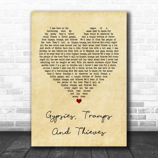 Cher Gypsies, Tramps And Thieves Vintage Heart Quote Song Lyric Print