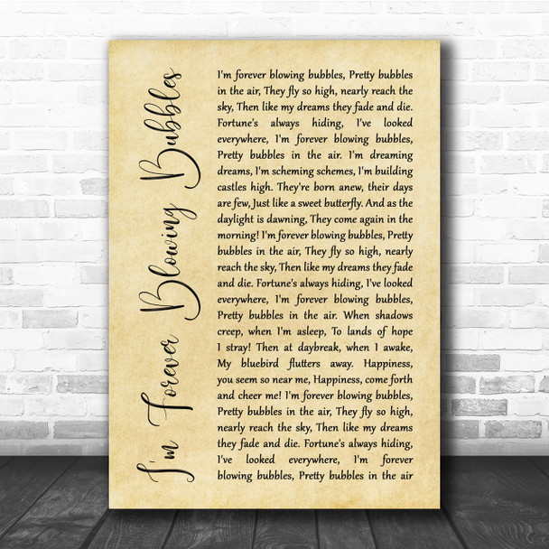 Cockney Rejects I'm Forever Blowing Bubbles Rustic Script Song Lyric Quote Print