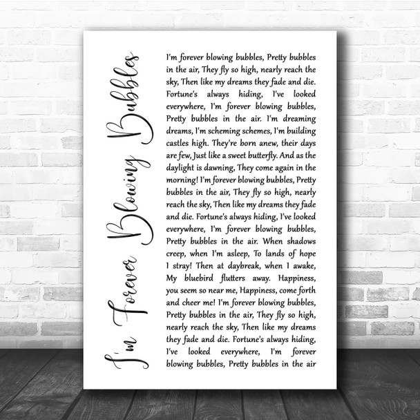 Cockney Rejects I'm Forever Blowing Bubbles White Script Song Lyric Quote Print