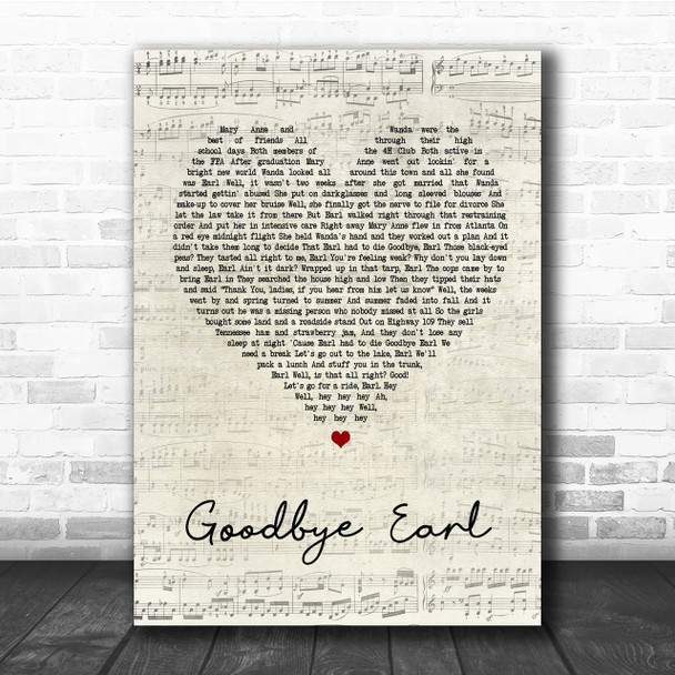 Dixie Chicks Goodbye Earl Script Heart Song Lyric Quote Print