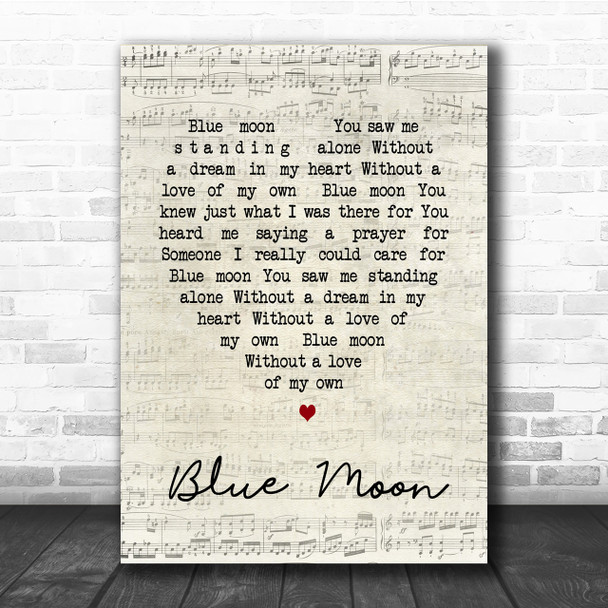 Elvis Presley Blue Moon Script Heart Song Lyric Quote Print