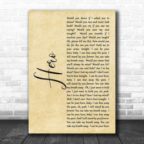 Enrique Iglesias Hero Rustic Script Song Lyric Quote Print