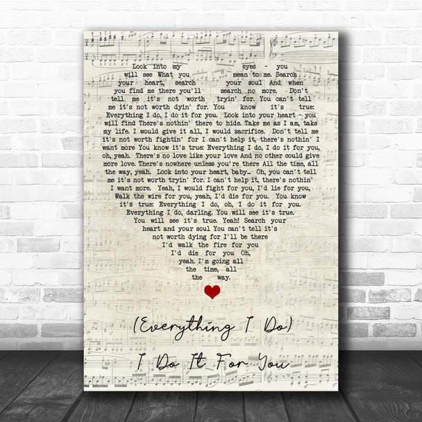 Everything I Do I Do It For You Bryan Adams Script Heart Quote Song Lyric Print