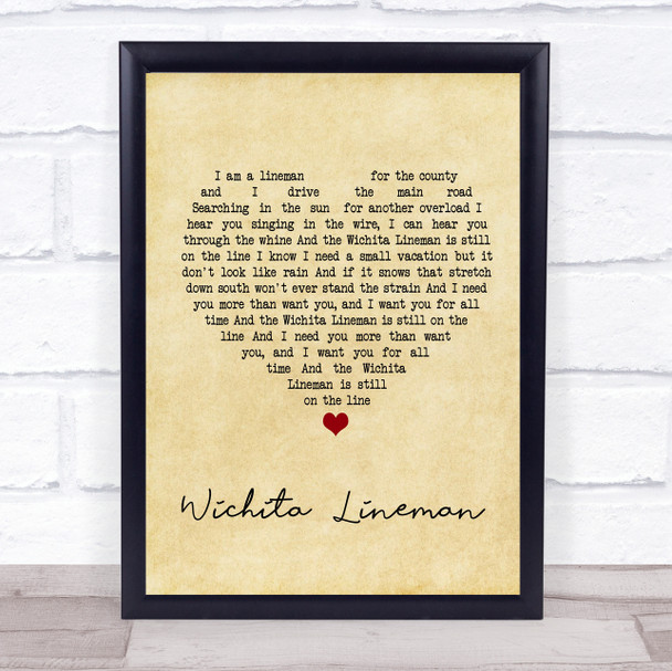 Glen Campbell Wichita Lineman Vintage Heart Quote Song Lyric Print