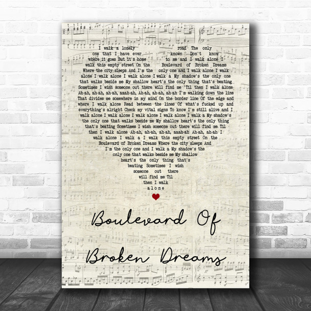 Green Day Boulevard Of Broken Dreams Script Heart Song Lyric Quote Print