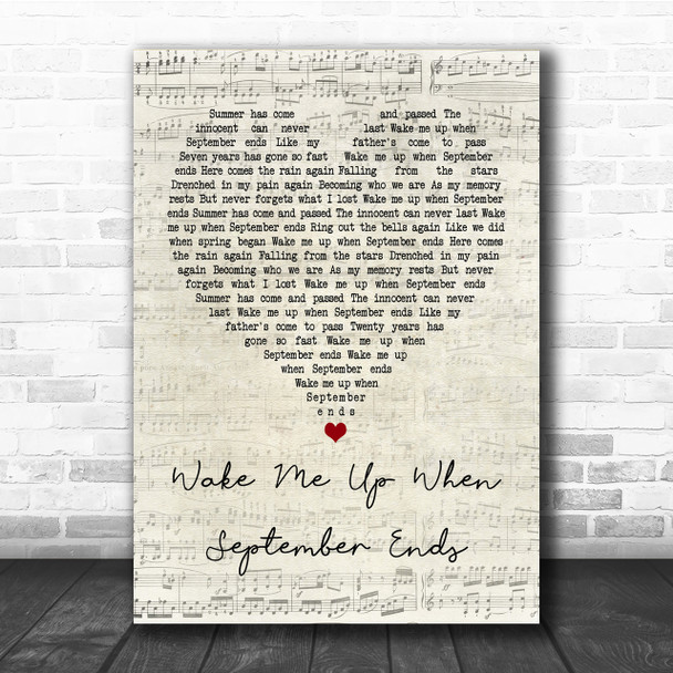 Green Day Wake Me Up When September Ends Script Heart Song Lyric Quote Print