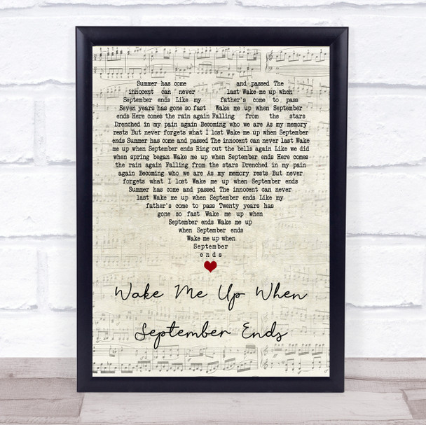 Green Day Wake Me Up When September Ends Script Heart Song Lyric Quote Print