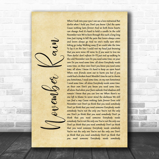 Guns N' Roses November Rain Rustic Script Song Lyric Quote Print