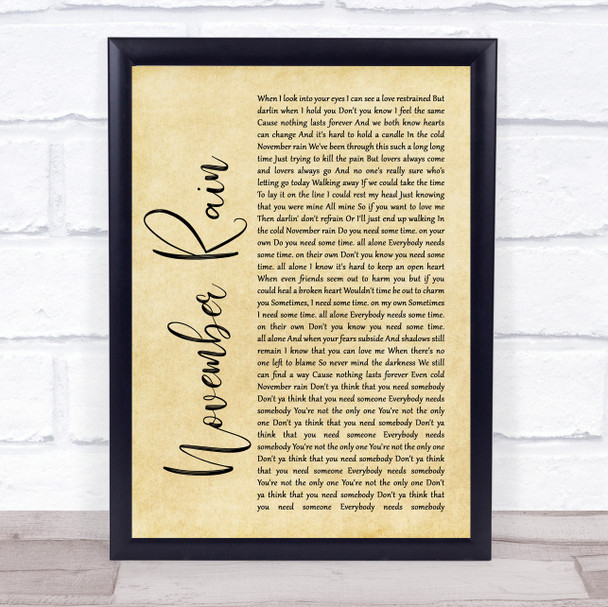 Guns N' Roses November Rain Rustic Script Song Lyric Quote Print