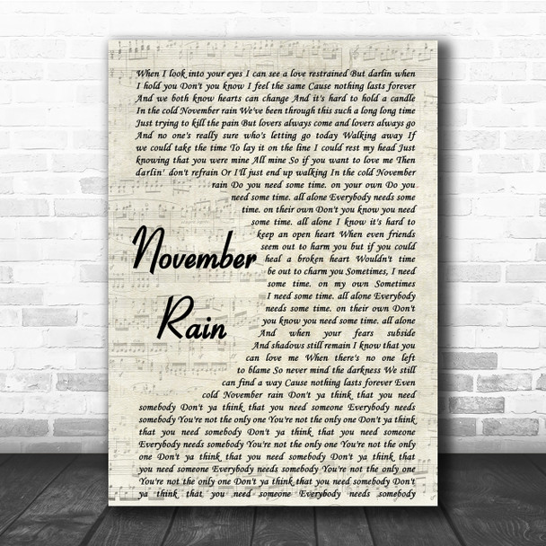 Guns N' Roses November Rain Song Lyric Vintage Script Quote Print