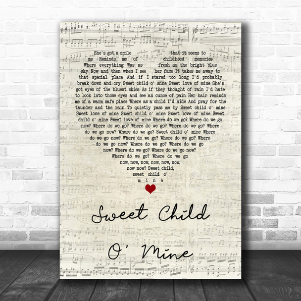 Guns N' Roses Sweet Child O' Mine Script Heart Song Lyric Quote Print
