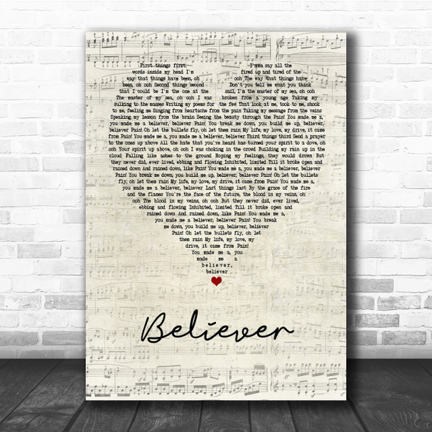 Imagine Dragons Believer Script Heart Song Lyric Quote Print