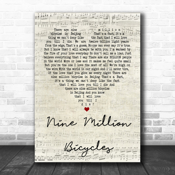 Katie Melua Nine Million Bicycles Script Heart Song Lyric Quote Print