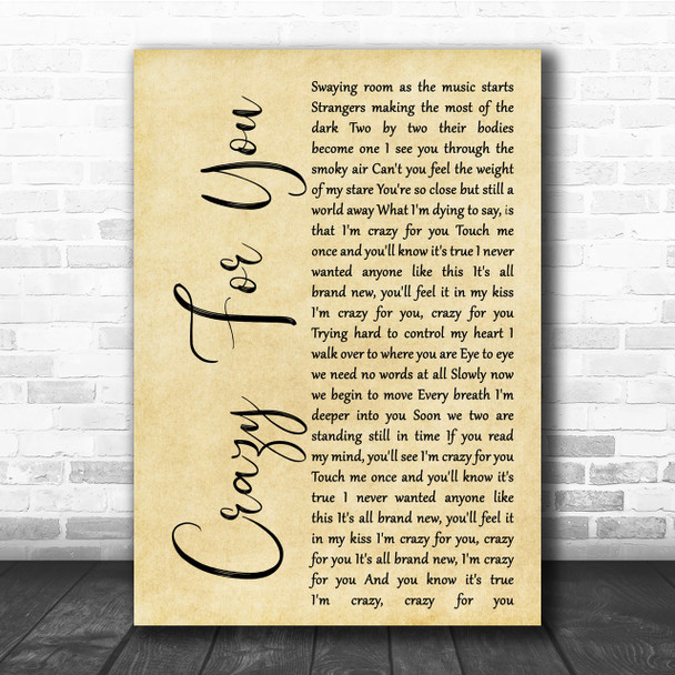 Madonna Crazy For You Rustic Script Song Lyric Quote Print