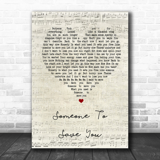 OneRepublic Someone To Save You Script Heart Song Lyric Quote Print