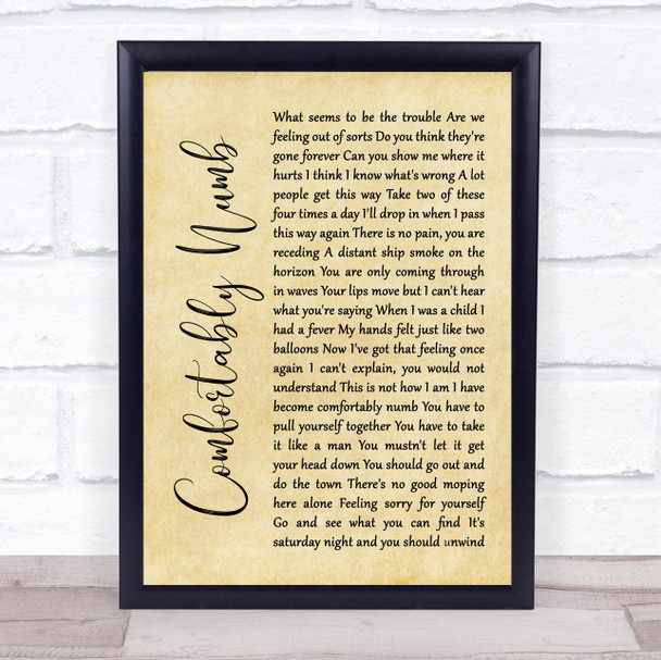 Pink Floyd Comfortably Numb Rustic Script Song Lyric Quote Print