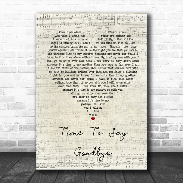 Sarah Brightman Time To Say Goodbye Script Heart Song Lyric Quote Print