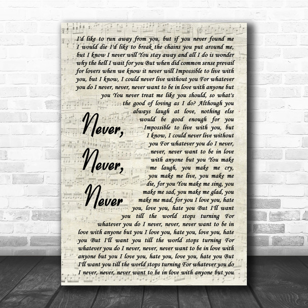 Shirley Bassey Never, Never, Never Song Lyric Vintage Script Quote Print