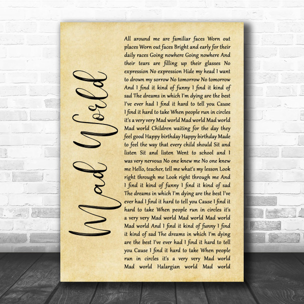 Tears For Fears Mad World Rustic Script Song Lyric Quote Print