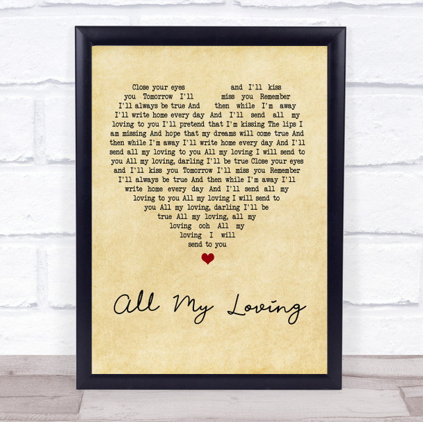 The Beatles All My Loving Vintage Heart Quote Song Lyric Print