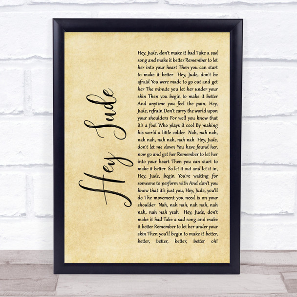 The Beatles Hey Jude Rustic Script Song Lyric Quote Print