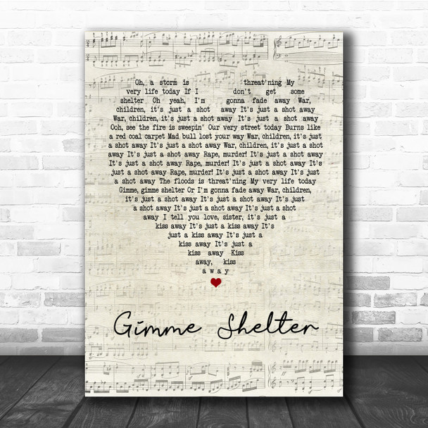 The Rolling Stones Gimme Shelter Script Heart Song Lyric Quote Print