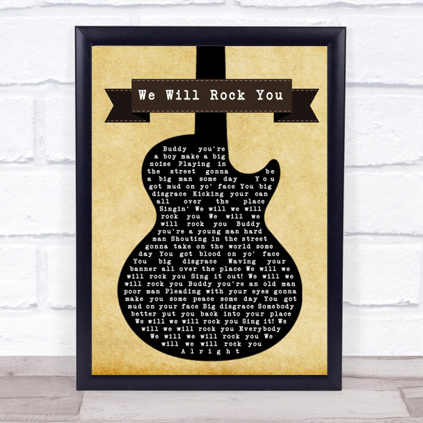 Queen We Will Rock You Black Guitar Song Lyric Poster Print